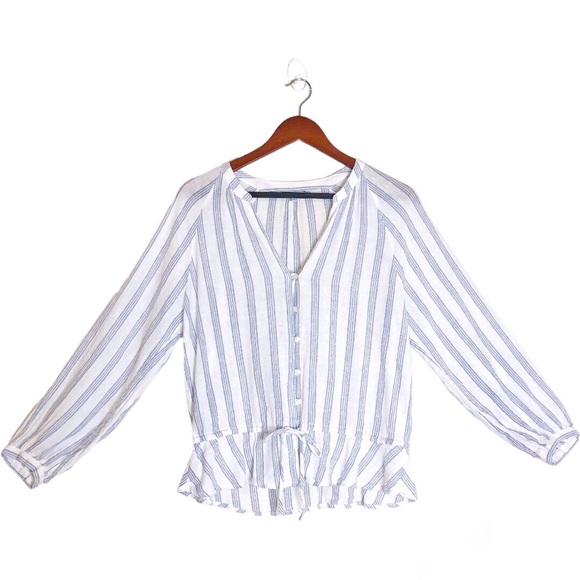 Rails Marti Cayman White/Blue Stripe Long Peasant Sleeve Linen Button Front Top - Picture 6 of 11